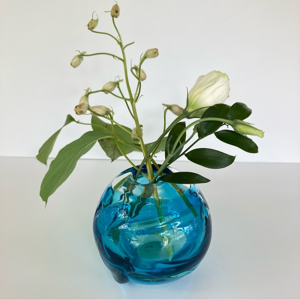 Blue and Clear Glass Swirled Blown Glass Sphere Bud Vase - Signed
